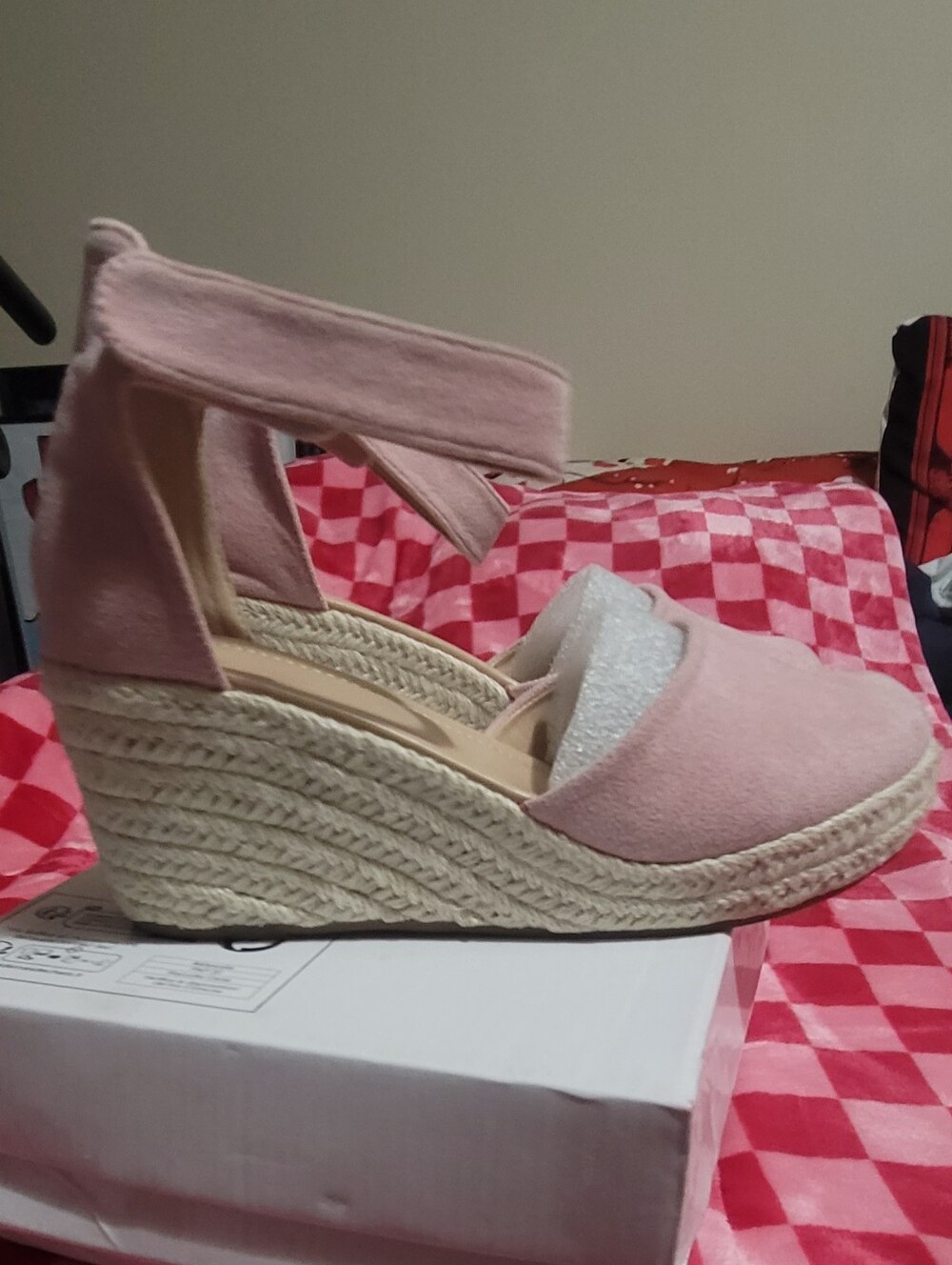 Womens Pink Espadrille Wedge Sandals - Ankle Strap - Picture 3 of 5